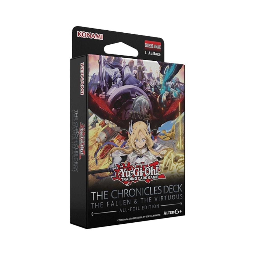 Yu-Gi-Oh! The Chronicles Deck – The Fallen & The Virtuous (All-Foil Edition), deutsch, 1. Auflage. Sammler-Deck mit glänzenden Karten aus der beliebten Yu-Gi-Oh!-Reihe, ideal für Fans und Spieler ab 6 Jahren.