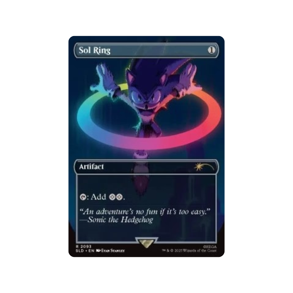 Magic the Gathering Secret Lair Sol Ring – Sonic the Hedgehog Edition. Limitierte Art-Karte mit kultigem Sonic-Motiv, einzigartigem Zitat und Rainbow-Ring-Design. Perfekt für Sammler und MTG-Fans mit Nostalgie-Faktor.