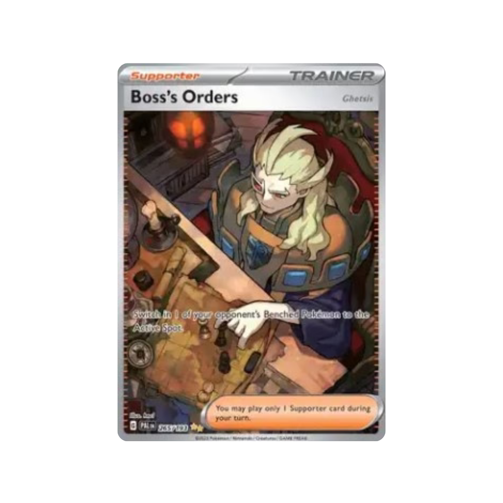 Pokémon Karte Boss’s Orders – Ghetsis im einzigartigen Full-Art-Stil. Unterstützerkarte aus der Trainer-Serie, ideal für strategische Spielzüge im Pokémon TCG. Seltene Illustration mit düsterer Taktik-Szene am Kartentisch.