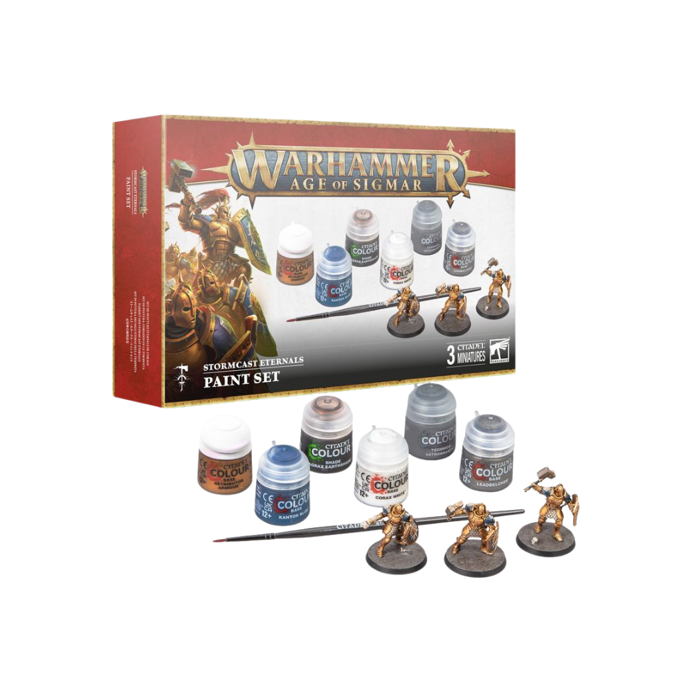 Stormcast Eternals Paint Set Inhalt mit Citadel Farben, Pinsel und drei goldenen Miniaturen aus Warhammer Age of Sigmar