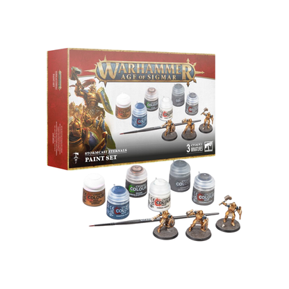 Stormcast Eternals Paint Set Inhalt mit Citadel Farben, Pinsel und drei goldenen Miniaturen aus Warhammer Age of Sigmar