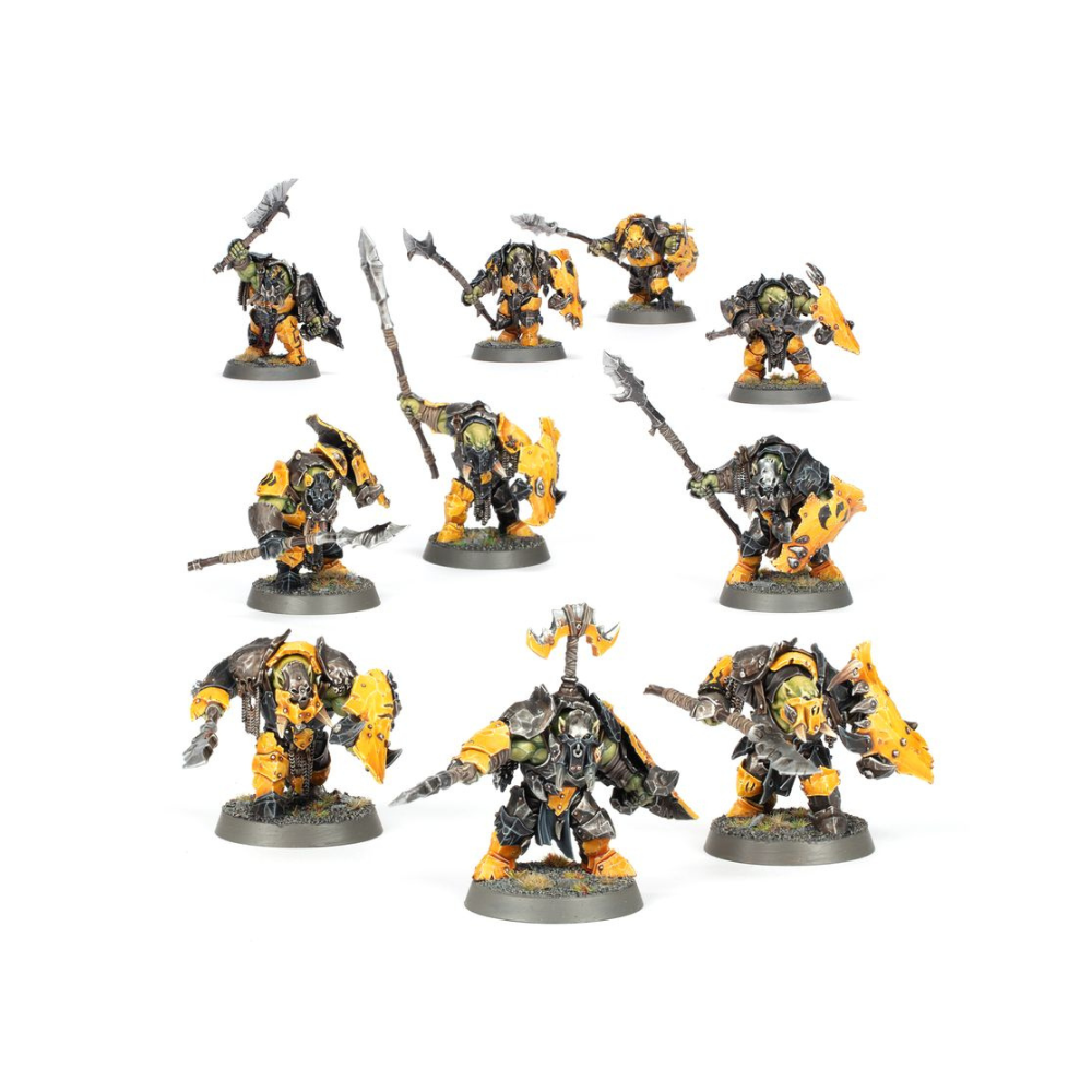 Warhammer Age of Sigmar Miniaturen Orruk Plattn'helme, Orks mit Rüstungen, Schilden und Waffen