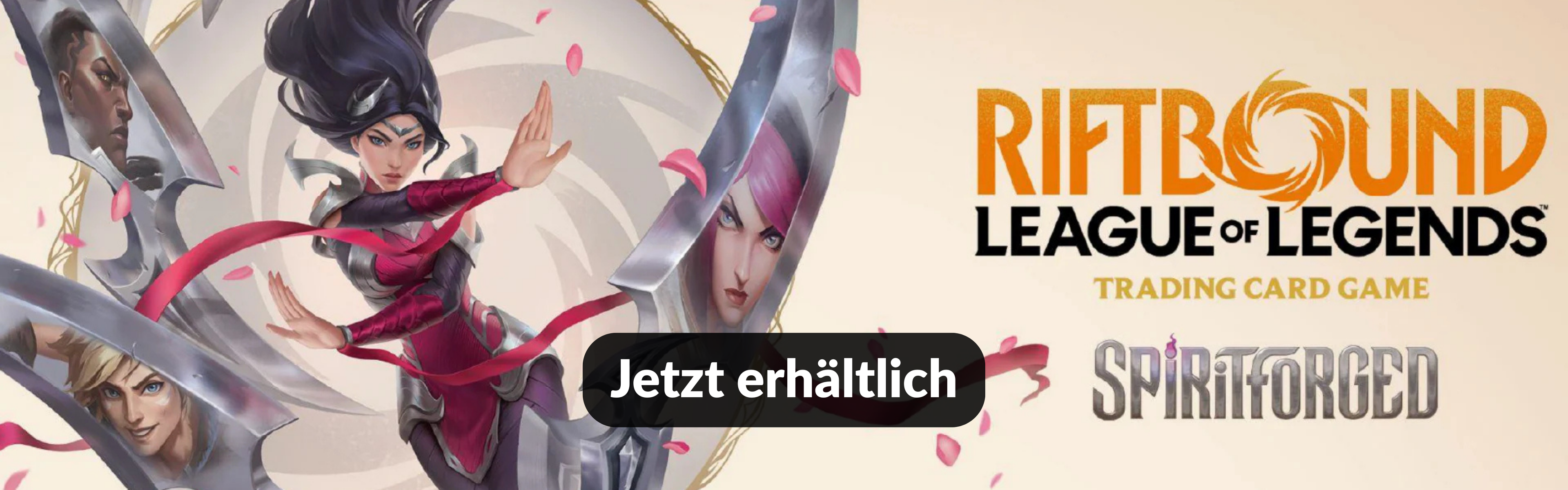 Riftbound League of Legends Trading Card Game – Spiritforged Banner mit Champions und Schriftzug ‚Jetzt erhältlich‘ bei Trinket Mage