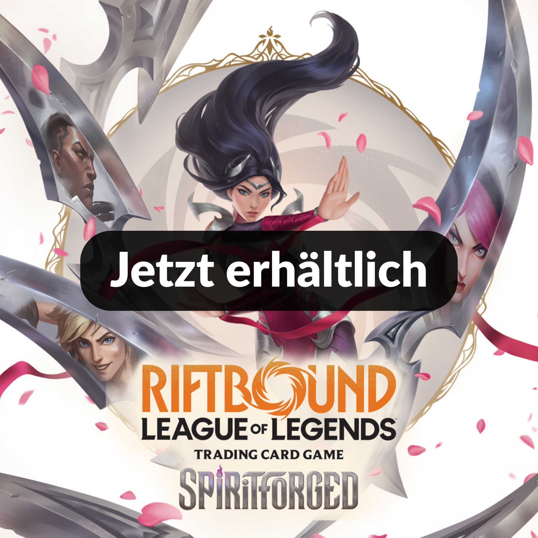 Riftbound League of Legends Trading Card Game – Spiritforged Banner mit Champions und Schriftzug ‚Jetzt erhältlich‘ bei Trinket Mage