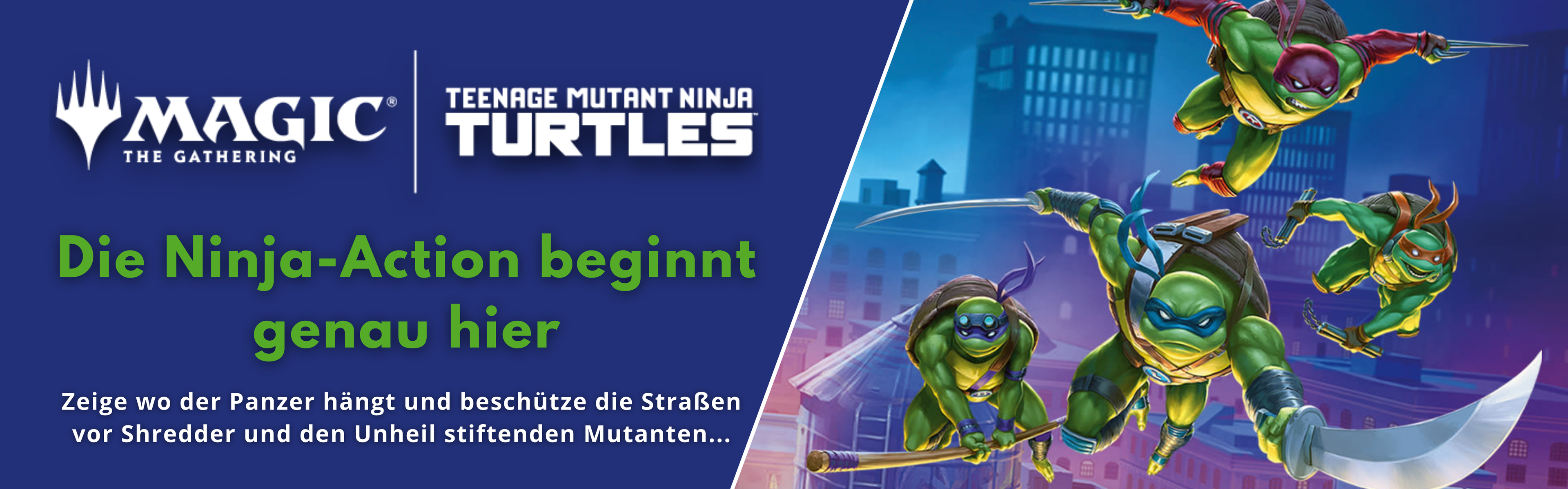 Magic The Gathering Teenage Mutant Ninja Turtles Werbebanner mit Ninja Turtles in Action über nächtlicher Skyline