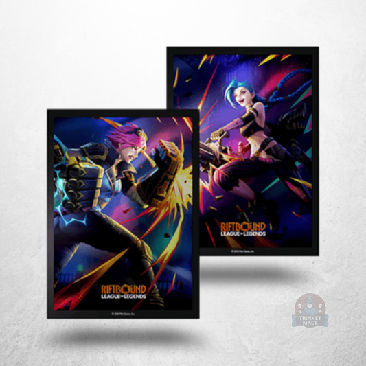 Riftbound: League of Legends – Vendetta Vi vs Jinx Sleeves mit zwei illustrierten Kartenhüllen im Charakterdesign.