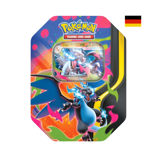 Pokémon Tin mit Mega-Glurak X EX Karte und schwarzem Glurak-Motiv, deutsche Version des Pokémon Trading Card Game