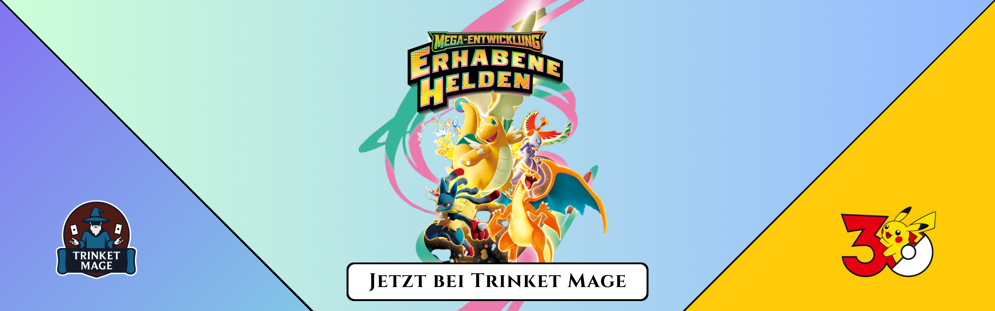 Pokémon Mega-Entwicklung – Erhabene Helden Banner mit Dragoran, Glurak, Lucario und Ho-Oh, jetzt bei Trinket Mage erhältlich