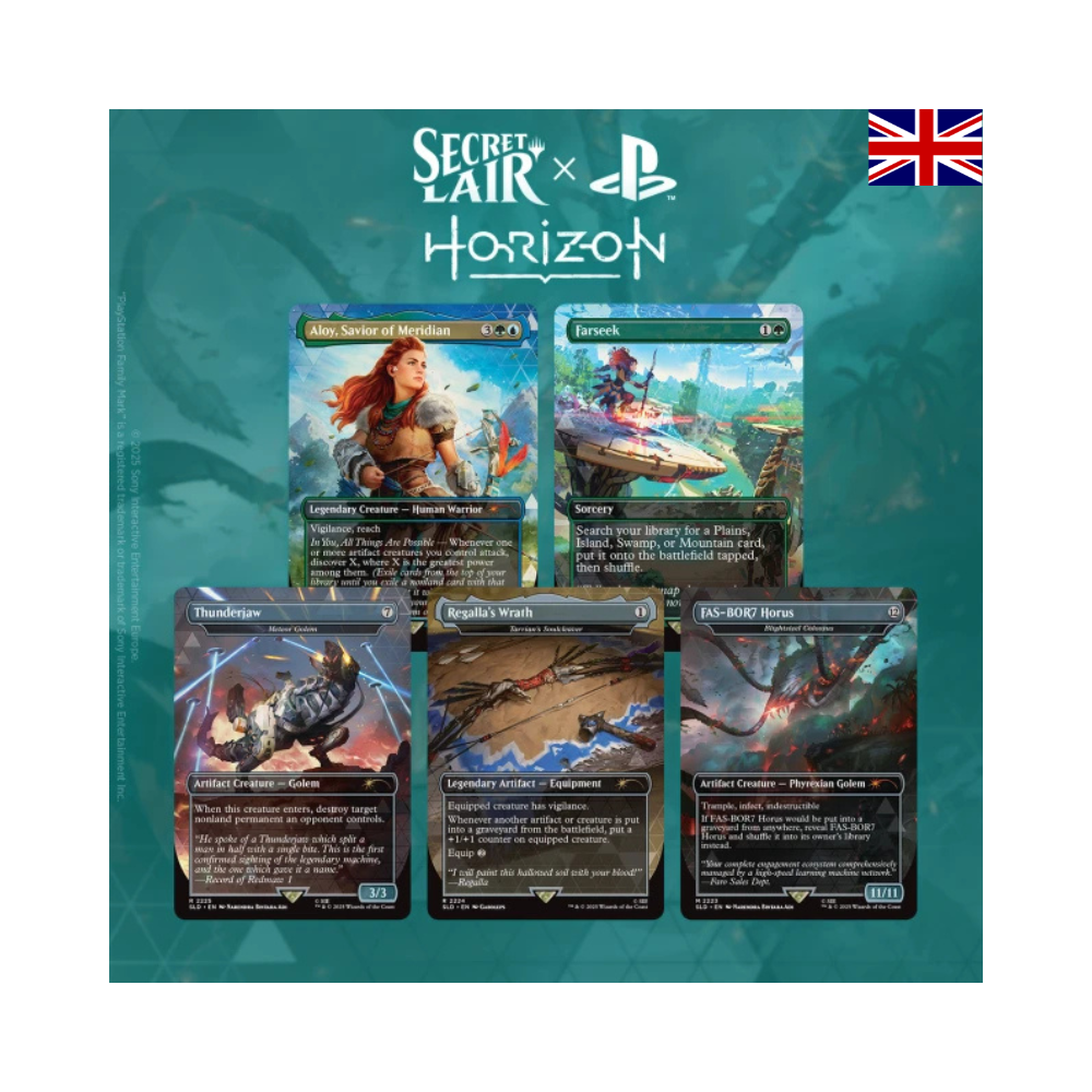 Secret Lair x PlayStation Horizon Forbidden West Set mit Aloy, Maschinenwesen und Magic Kartenübersicht