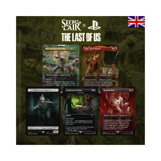 Übersichtsbild des Magic: The Gathering Secret Lair x PlayStation The Last of Us Part I Sets mit Joel, Ellie, Cordyceps Infected, Cordyceps Excision und Haunted One