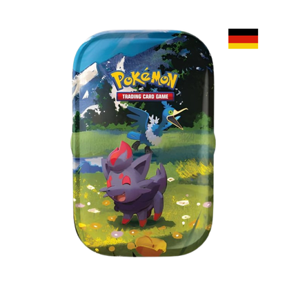 Pokémon Mini-Tin Sammelbox mit Zorua und Vögel-Pokémon vor Alpenlandschaft – deutsche Version