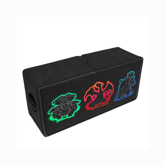 Pokémon Sammelkarten Aufbewahrungsbox mit Glurak, Bisaflor und Turtok Motiv in Neon-Optik, schwarze Deckbox