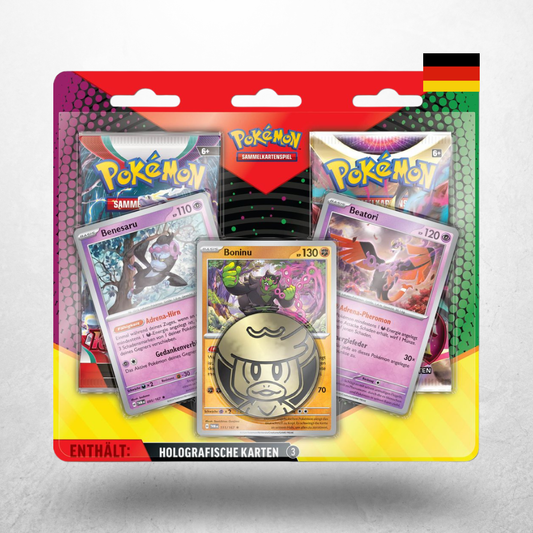 Pokémon Enhanced 2-Pack Blister auf Deutsch mit Boninu, Benesaru und Beatori Promokarten, zwei Boosterpacks und Sammlermünze