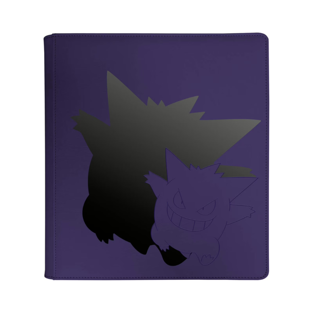 Lila Ultra Pro PRO-Binder mit 12-Pocket-Layout und Gengar-Motiv. Hochwertiger Sammelordner für Pokémon-Karten mit geprägtem Design und stylischem Schatteneffekt. Ideal für Fans von Geist-Pokémon und sichere Kartenaufbewahrung.