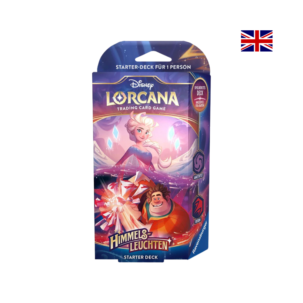 Disney Lorcana Starter Deck „Himmelsleuchten“ mit Elsa und Ralph auf der Verpackung, englische Version