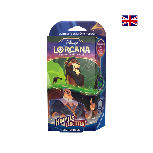 Disney Lorcana Starter Deck „Himmelsleuchten“ mit Scar und Gouverneur Radcliffe auf der Verpackung, englische Version
