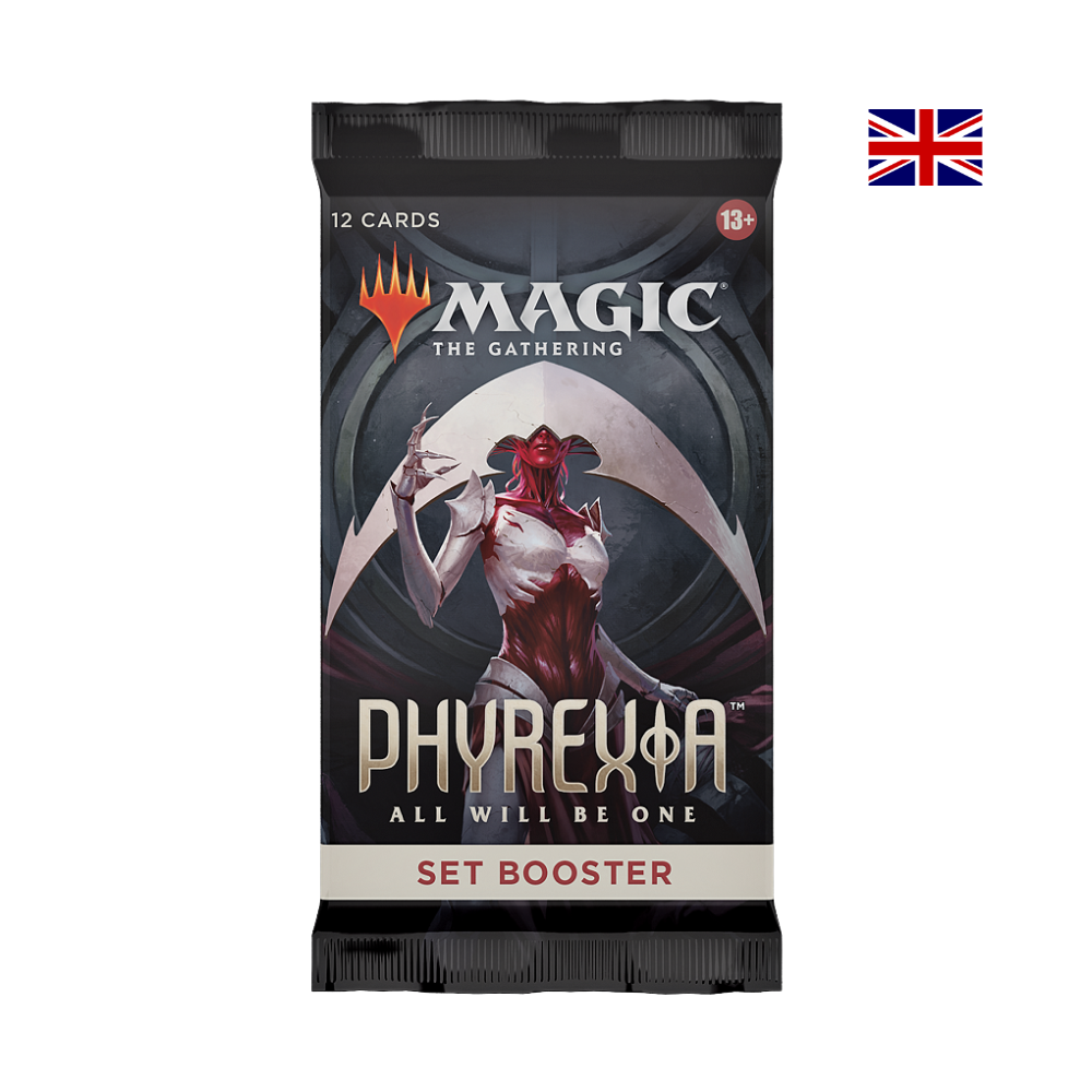Magic The Gathering Phyrexia All Will Be One Set Booster Englisch mit 12 Karten und düsterem Elesh Norn Artwork.