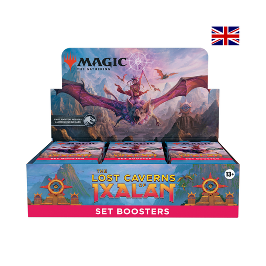 Magic The Gathering Lost Caverns of Ixalan Set Booster Display Englisch mit Dinosaurier-Artwork und 30 Boostern für Sammler und Spieler.