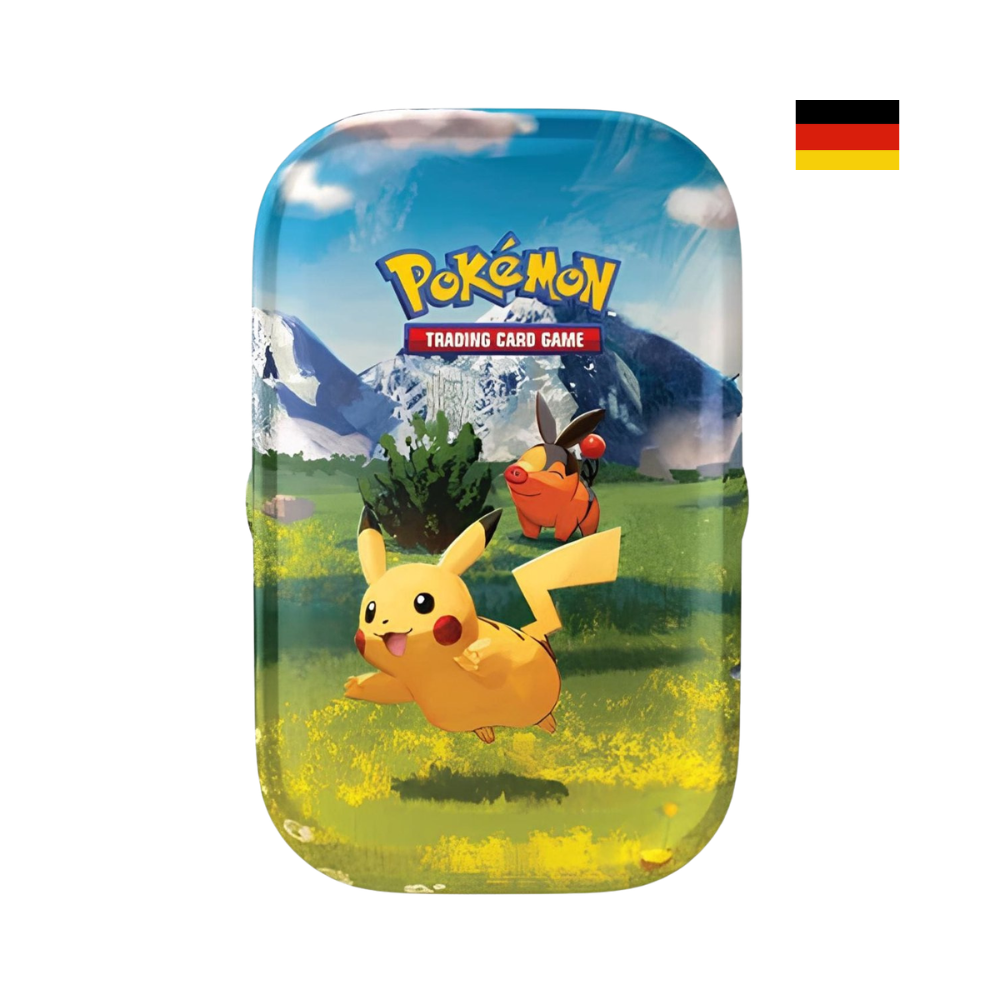 Pokémon Mini-Tin Sammelbox mit Pikachu und Ferkokel vor Berglandschaft – deutsche Version