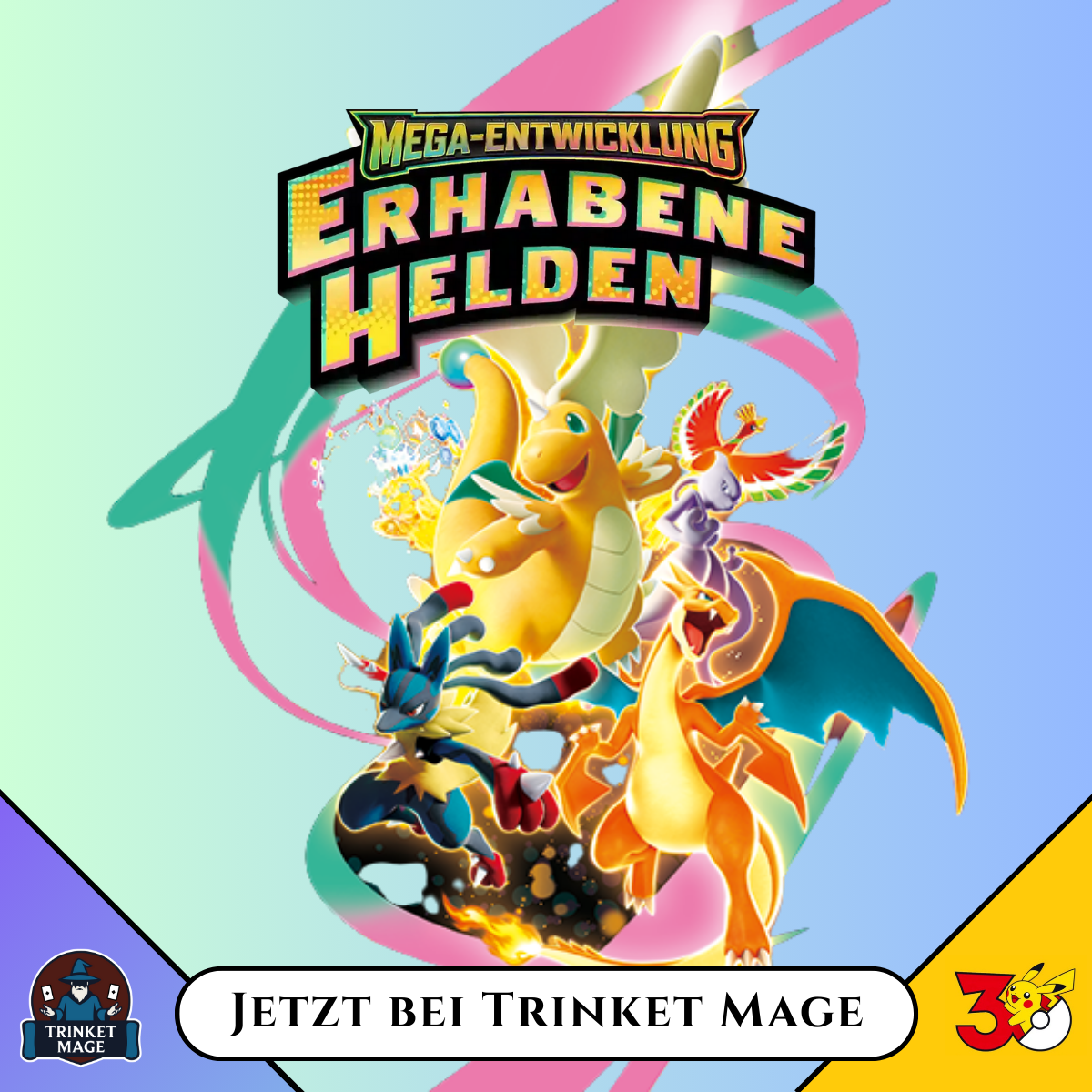 Pokémon Mega-Entwicklung – Erhabene Helden Banner mit Dragoran, Glurak, Lucario und Ho-Oh, jetzt bei Trinket Mage erhältlich