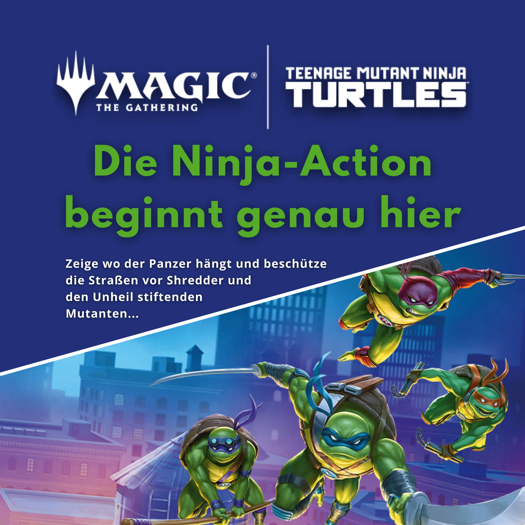 Magic The Gathering Teenage Mutant Ninja Turtles Werbebanner mit Ninja Turtles in Action über nächtlicher Skyline