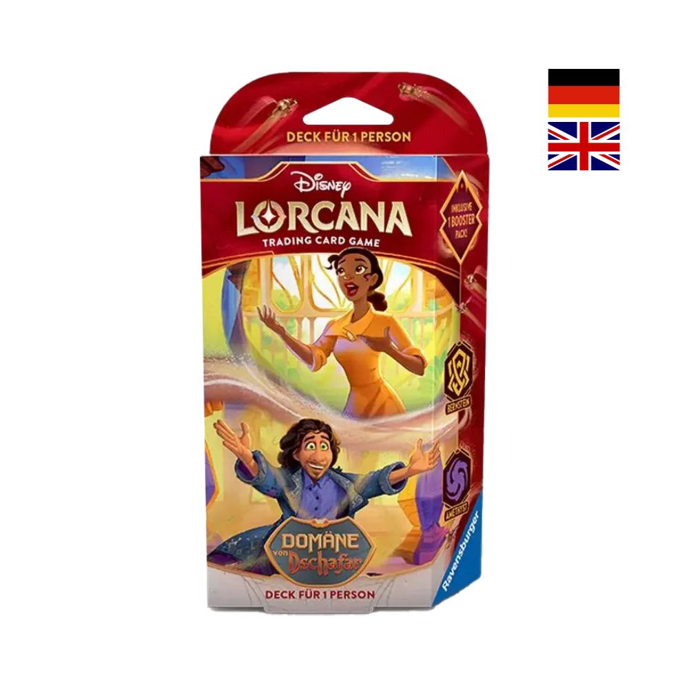 Disney Lorcana „Domäne von Dschafar“ Starter Deck Bernstein und Amethyst, deutsch/englisch. Verpackung mit Tiana und Bruno-Motiv. Ideal für Einsteiger, enthält spielbereites Deck und Booster.