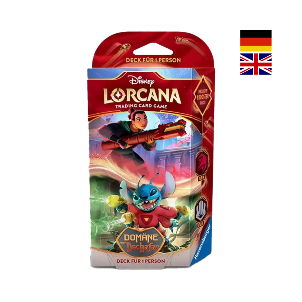 Disney Lorcana Starter Deck „Domäne von Dschafar – Rubin & Stahl“ Produktbild mit Mulan und Stitch auf der Verpackung; deutsches und englisches Sprachsymbol, TCG Starter Deck für eine Person.