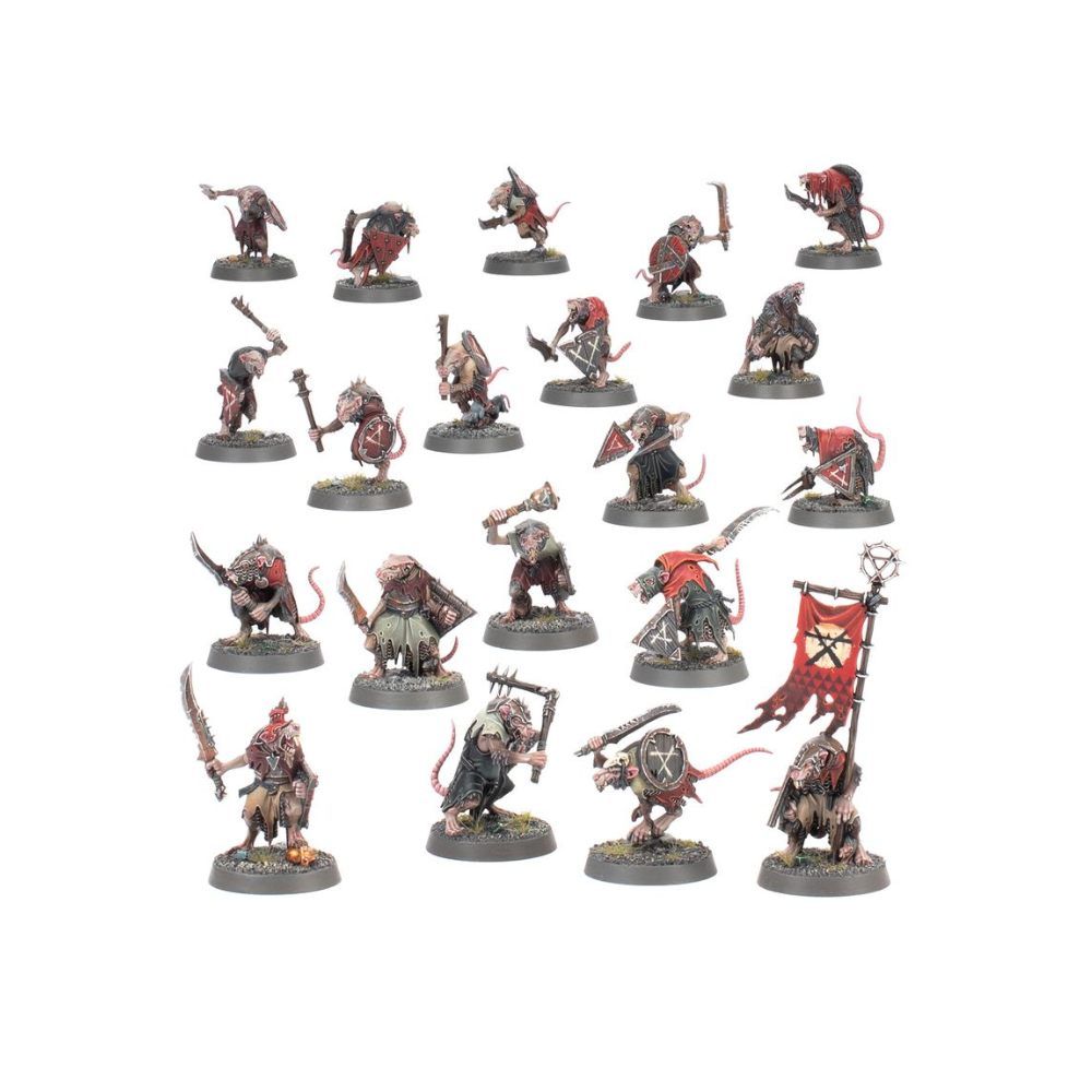 Warhammer Age of Sigmar Skaven Miniaturen mit Waffen und Bannern