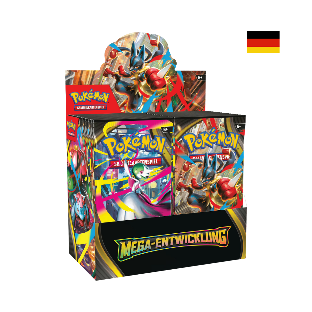 Pokémon Mega-Entwicklung Display mit Boosterpacks im Sammelkarten Design von Gardevoir und Lucario