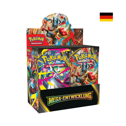 Pokémon Mega-Entwicklung Display mit Boosterpacks im Sammelkarten Design von Gardevoir und Lucario