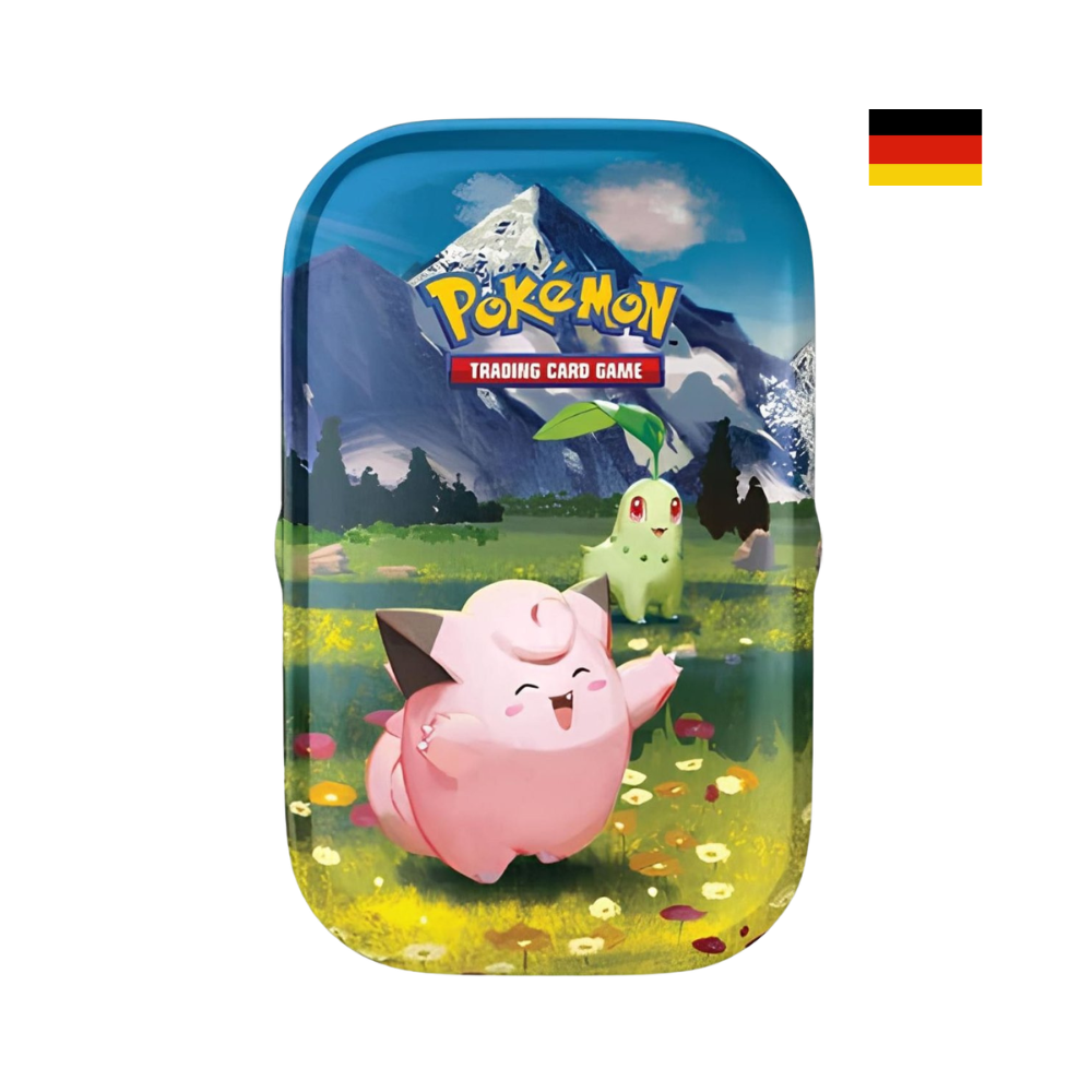 Pokémon Mini-Tin Sammelbox mit Piepi und Endivie vor Alpenkulisse – deutsche Version