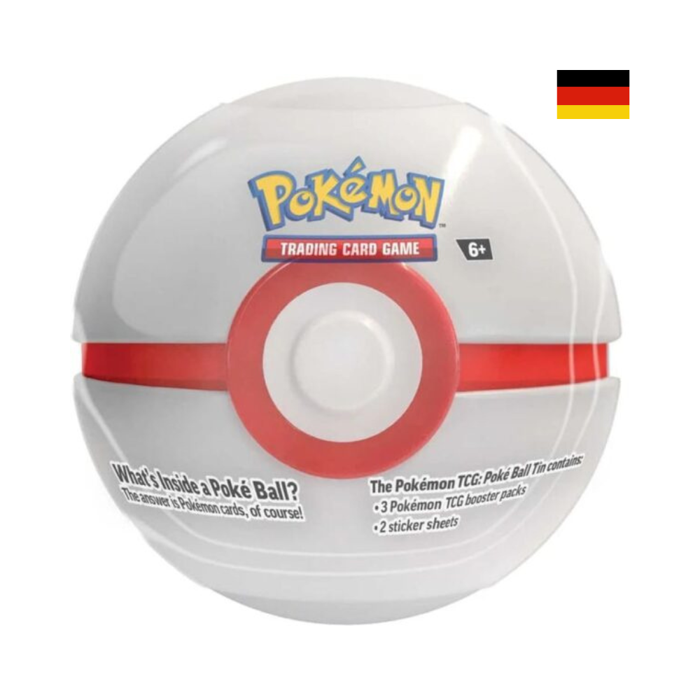 Pokemon Tin Pokéball – runde Box mit 3 Pokemon TCG Boostern und 2 Stickerbögen. Deutsches Produktbild für Sammelkartenfans.