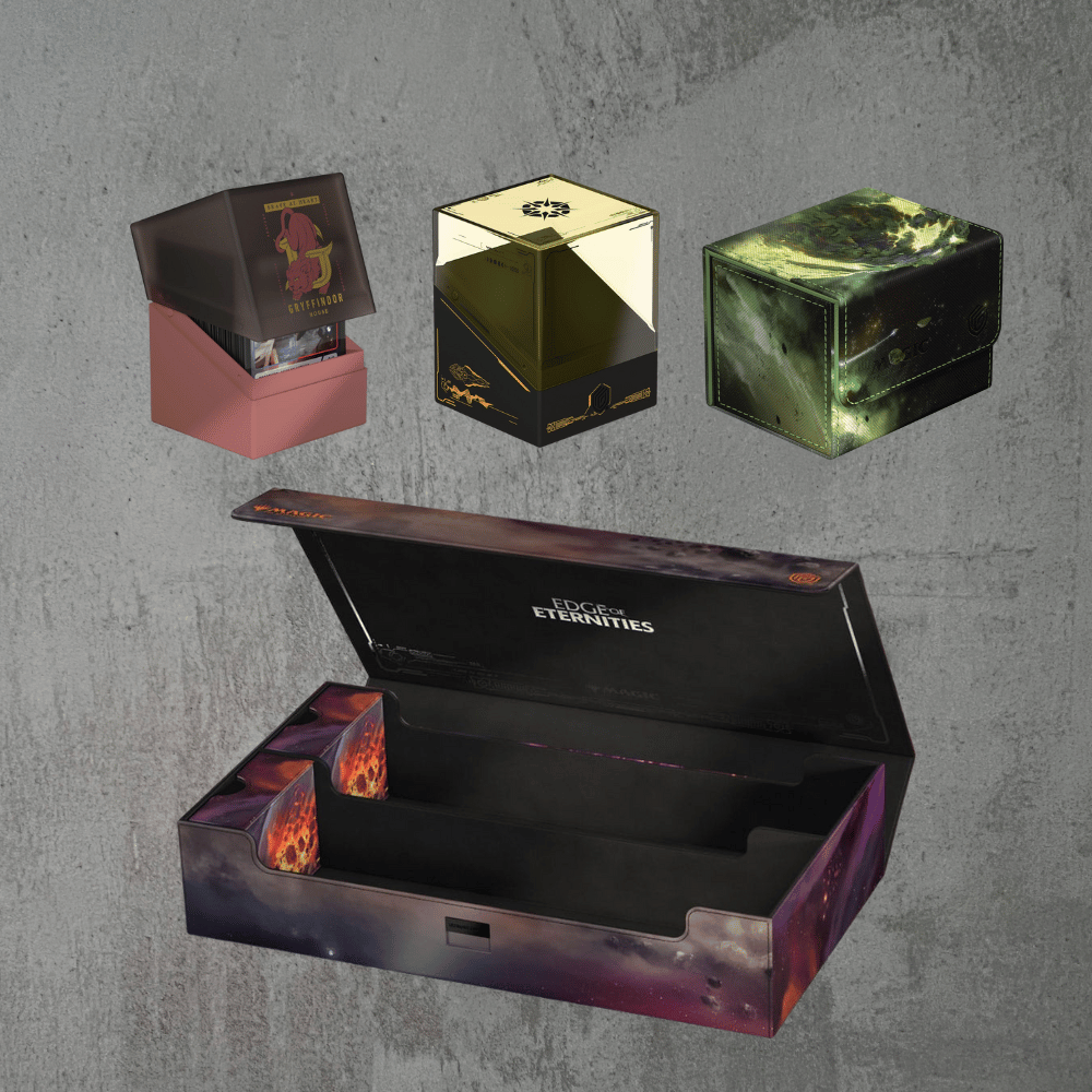 Vielfältige TCG Deckboxen, darunter Harry Potter, Star Wars und Magic the Gathering – ideal für Kartenaufbewahrung