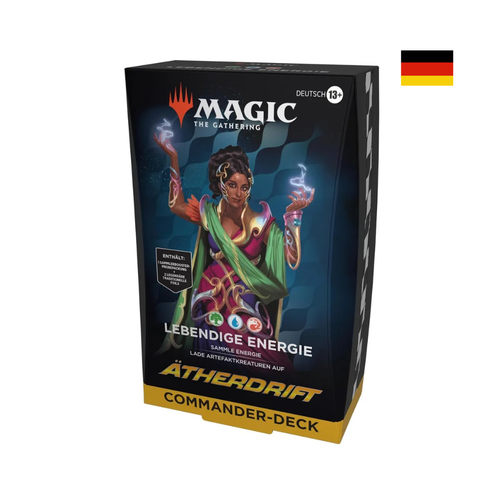 Magic The Gathering Ätherdrift Commander-Deck „Lebendige Energie“ – deutsches Set mit energiegeladenem Fokus auf Artefaktkreaturen und Synergien.