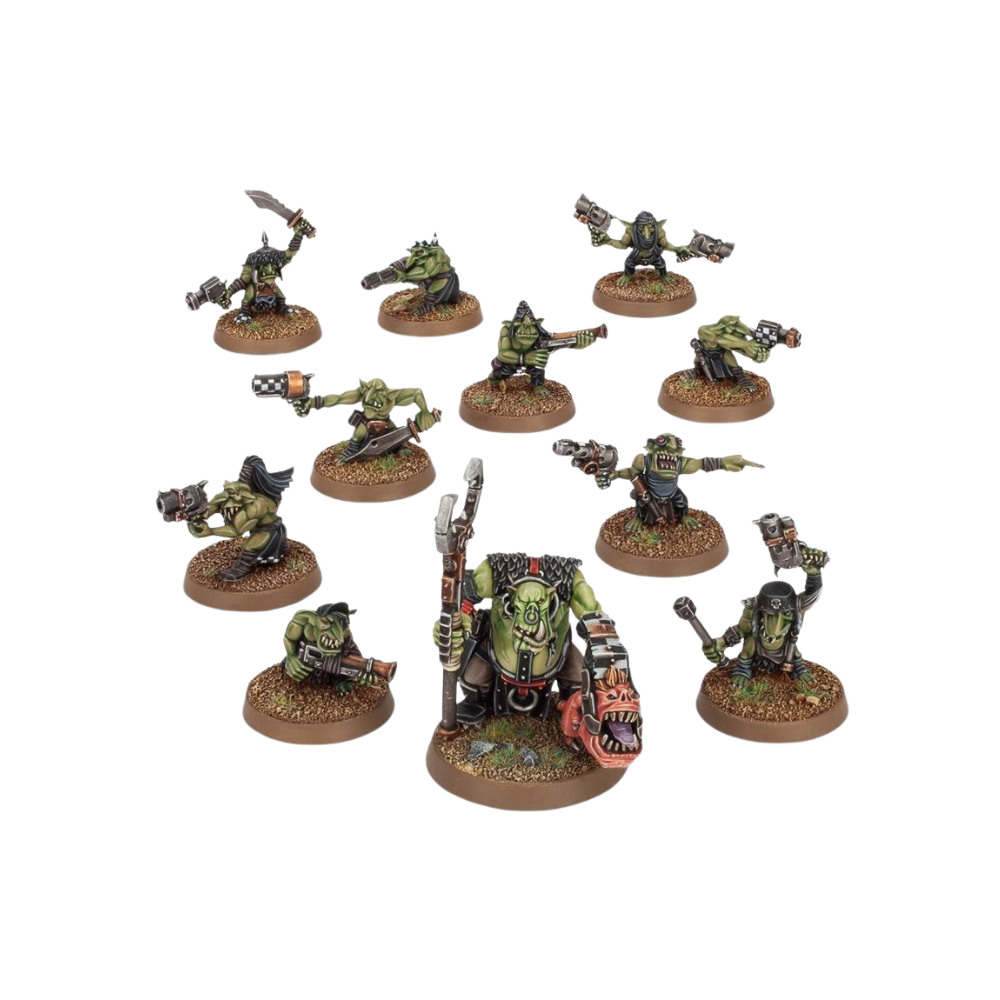 Warhammer 40k Orks Runtherd und Gretchin Miniaturen Set, bemalte Figuren mit Pistolen, Nahkampfwaffen und Squig auf runden Bases