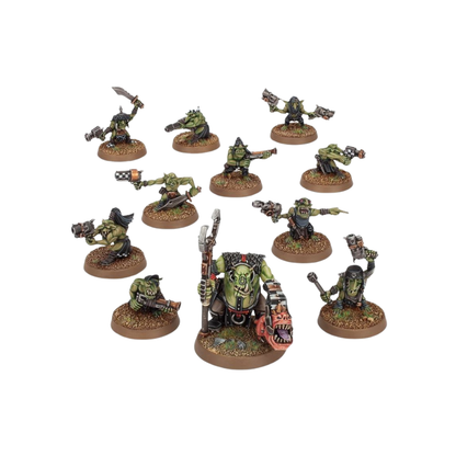 Warhammer 40k Orks Runtherd und Gretchin Miniaturen Set, bemalte Figuren mit Pistolen, Nahkampfwaffen und Squig auf runden Bases