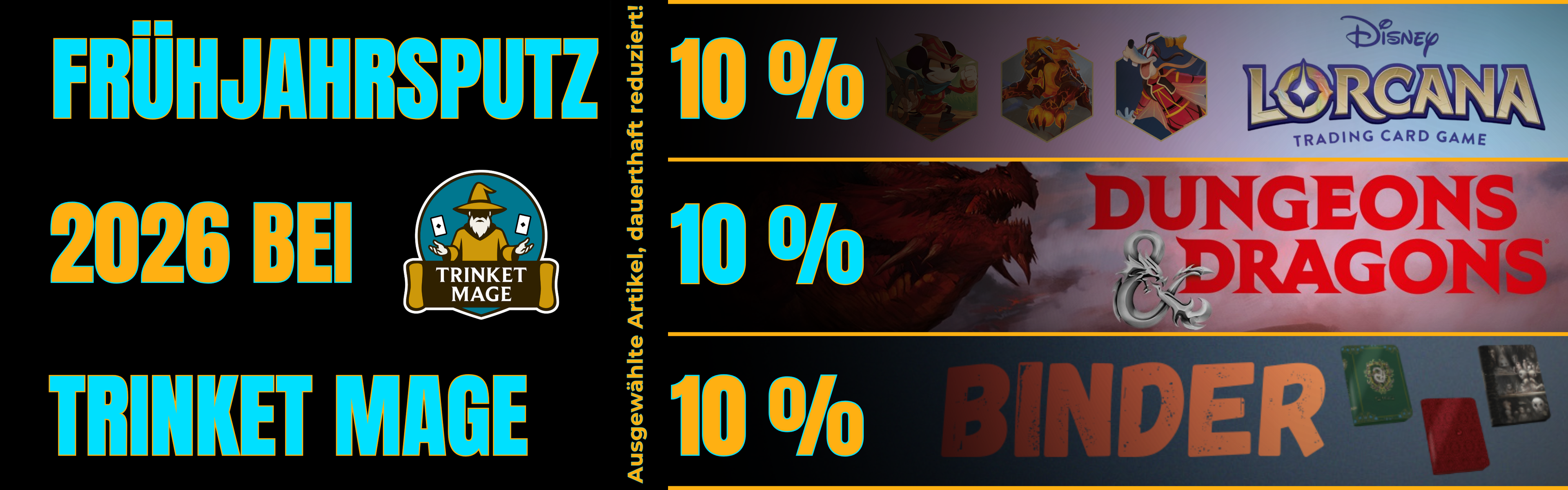 Banner zum Frühjahrsputz 2026 bei Trinket Mage mit Hinweis auf dauerhaft reduzierte Artikel, 10 % Rabatt auf Disney Lorcana, Dungeons & Dragons und Sammelkarten-Binder.