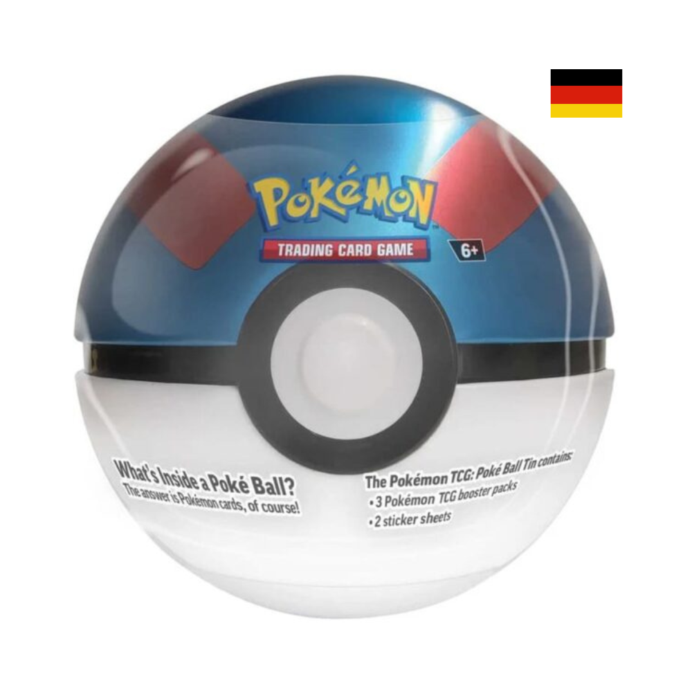 Pokemon Tin Superball – Sammelbox mit 3 Pokemon TCG Boostern und 2 Stickerbögen. Deutsches Produktbild, perfekte Aufbewahrung für Karten.