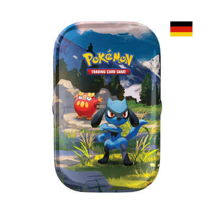 Pokémon Mini-Tin Sammelbox mit Riolu und Flampion vor Gebirge – deutsche Version