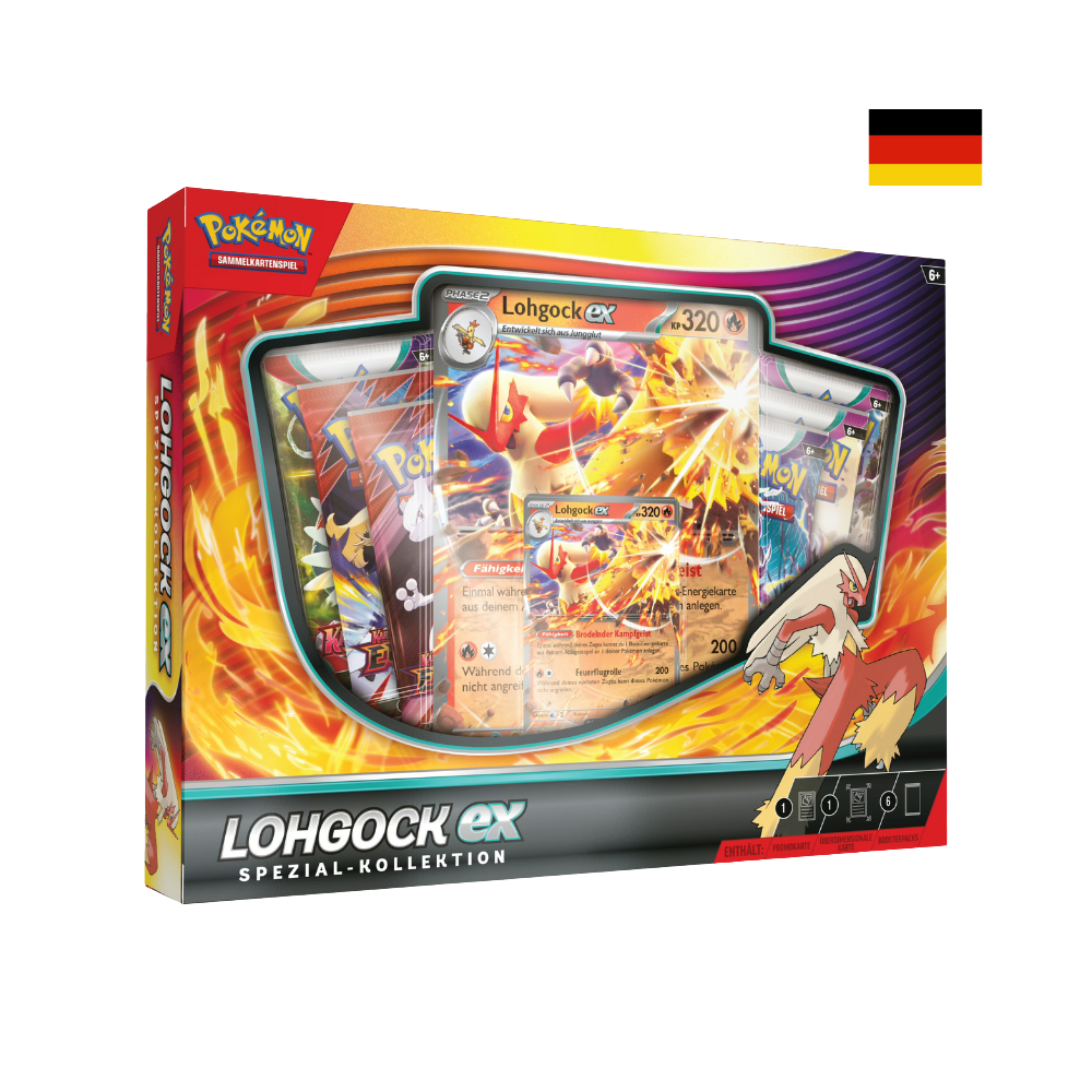 Produktbild der Pokémon Lohgock-ex Spezial-Kollektion mit Promo-Karte und Boostern.