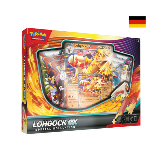Produktbild der Pokémon Lohgock-ex Spezial-Kollektion mit Promo-Karte und Boostern.