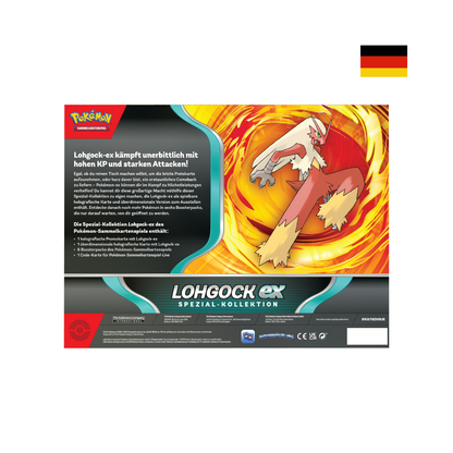 Rückseite der Pokémon Lohgock-ex Spezial-Kollektion mit Beschreibung und Inhalt der Box.