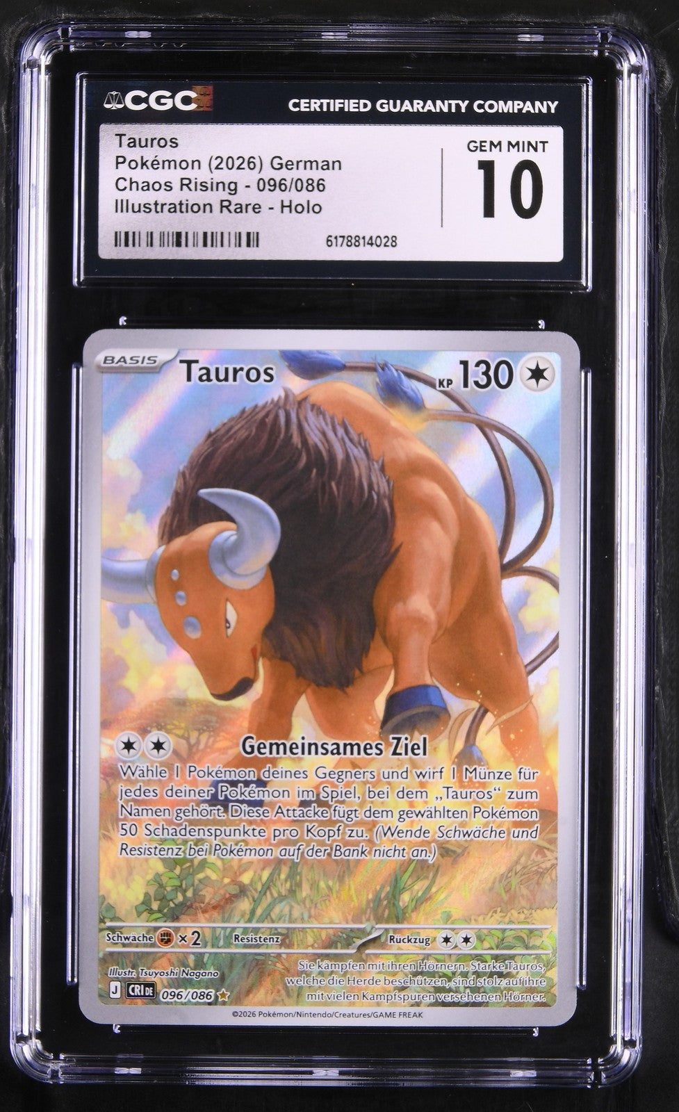 Pokémon Tauros CGC Gem Mint 10 Chaos Rising DE