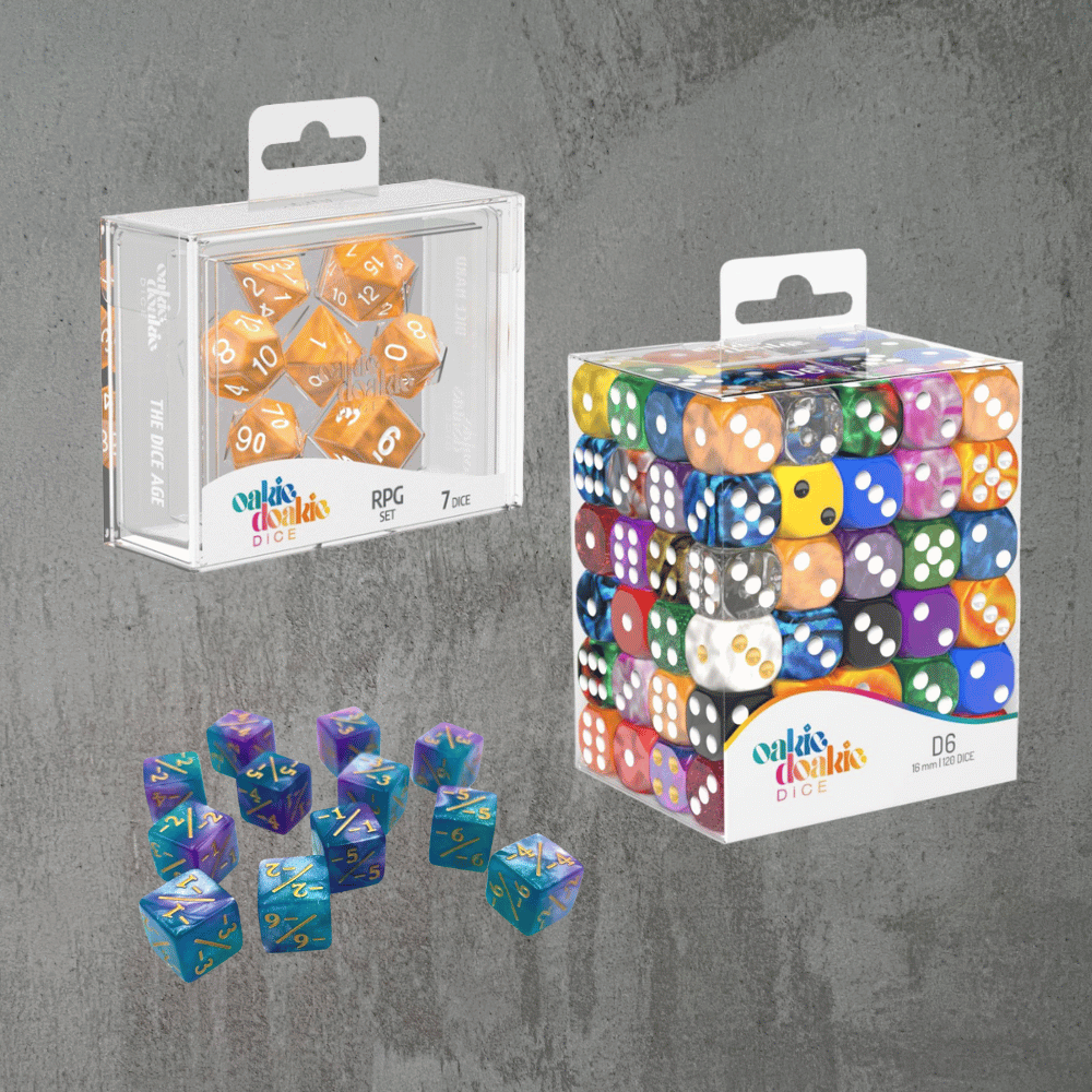 Buntes Würfel-Sortiment von Oakie Doakie Dice mit RPG-Set, D6-Würfeln im Display und einzelnen zehnseitigen Würfeln – ideal für Pen & Paper, Tabletop und Brettspiele.