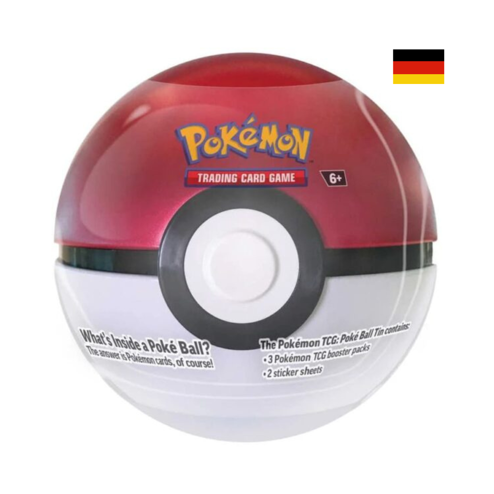 Pokemon Tin klassischer Pokéball – Sammelbox mit 3 Pokemon TCG Boostern und 2 Stickerbögen. Deutsches Produktbild für Pokémon Sammelkartenfans.