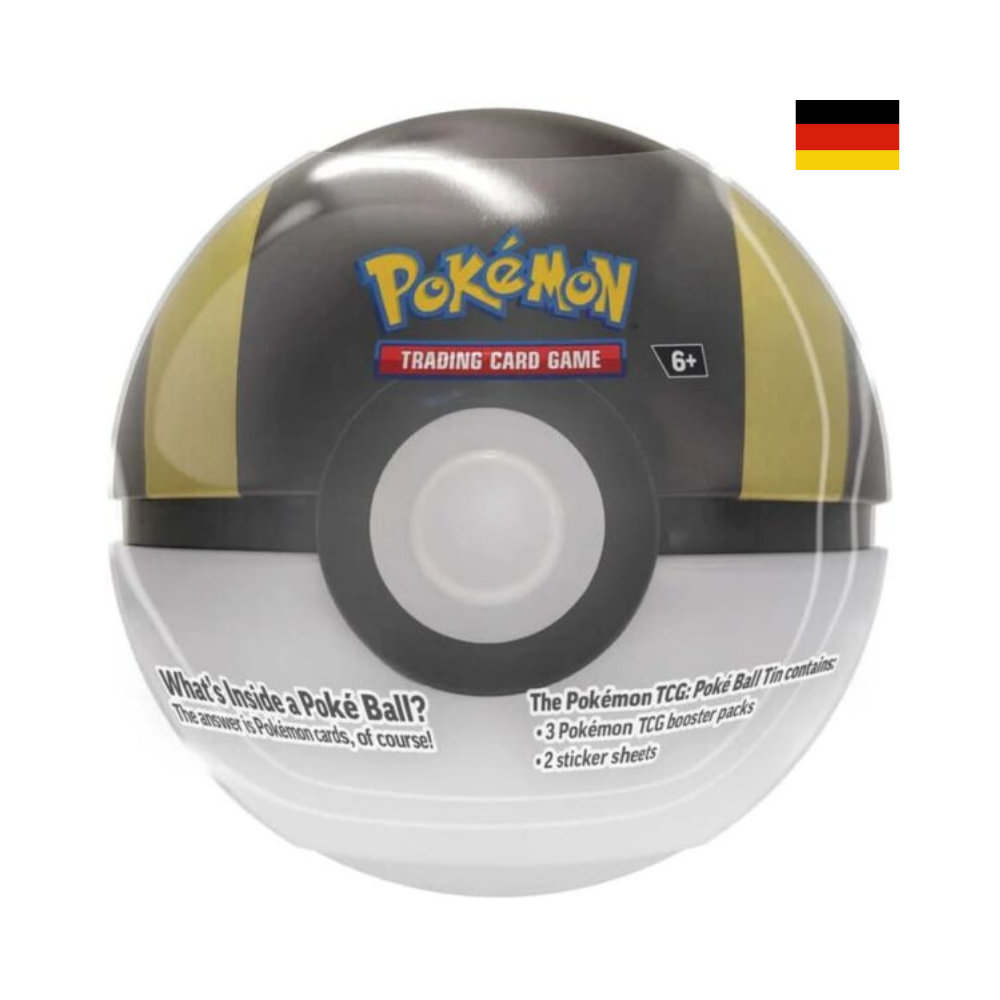 Pokemon Tin Ultra Ball – stabile Sammelbox mit 3 Pokemon TCG Boostern und 2 Stickerbögen. Deutsches Produktbild, ideal für Sammler und Einsteiger.