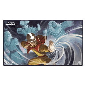 Magic: The Gathering TCG Playmat „Avatar – Enter the Avatar State“ mit Aang in Kampfpose und den vergangenen Avataren im Hintergrund; hochwertige Spielmatte für Sammelkartenspiele.
