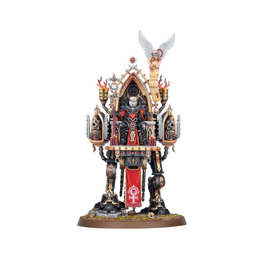 Warhammer 40k Adepta Sororitas Intranzia Fraye Dogmata-Prioris Miniatur auf Thronläufer mit Flammen, Ikonen und mechanischen Details