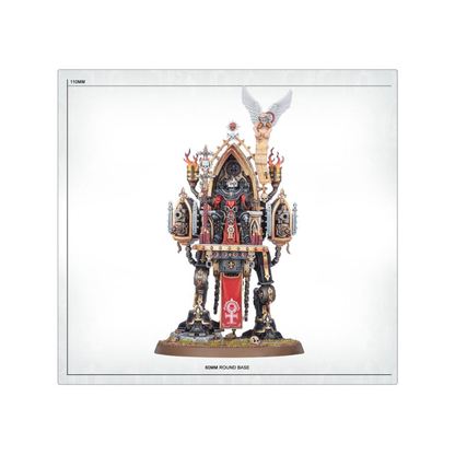 Warhammer 40k Intranzia Fraye Dogmata-Prioris Miniatur mit Größenangabe auf 60mm Base, Detailansicht des Thronläufers und Modellhöhe