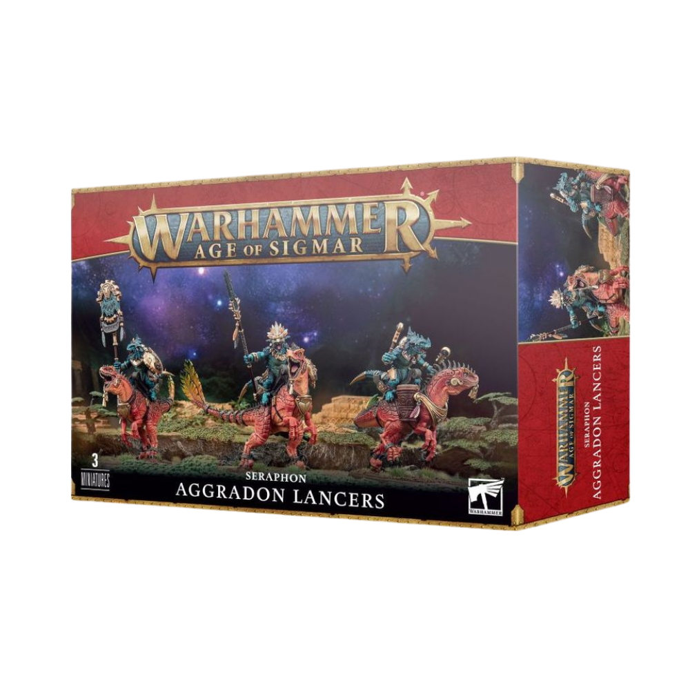 Warhammer Age of Sigmar Aggradon Lancers Seraphon Miniaturen Set mit 3 Reitern auf Echsen, bemalte Modelle und Boxart